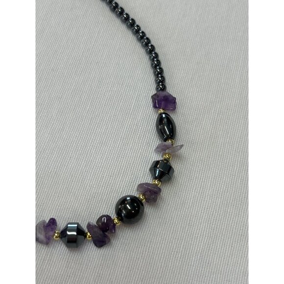 Handmade Hematite Raw Amethyst Beaded Necklace Gold Accents - Picture 6 of 8